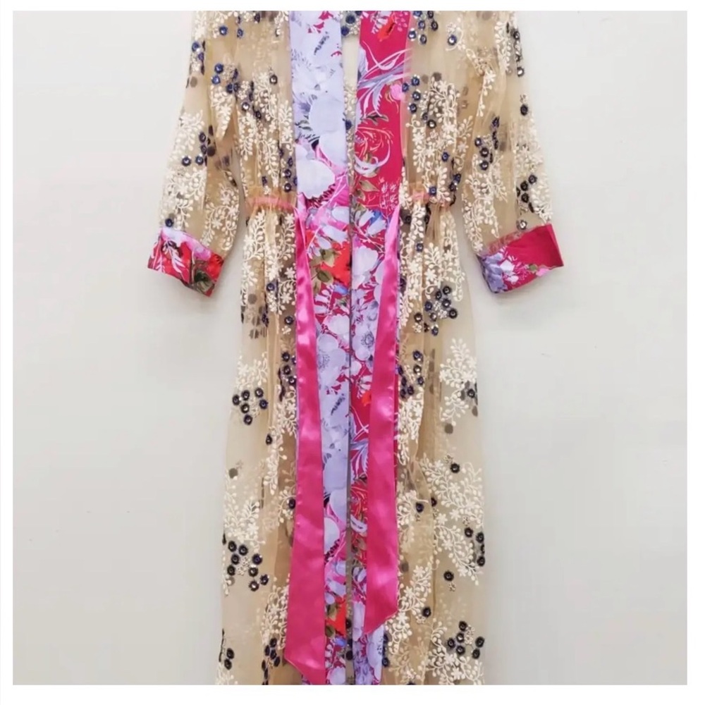 Aratta Starletta Sheer Embroidered Maxi Duster with Pink Floral Satin Trim